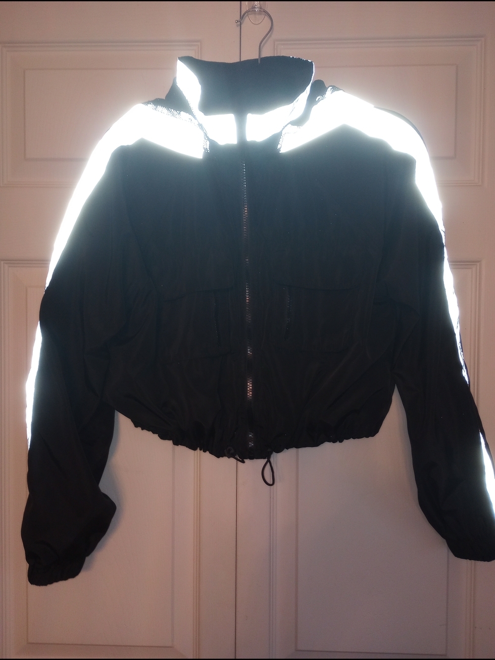 Forever 21 Y2K Reflective Stripes Techwear Cropped Jacket Hooded Black S